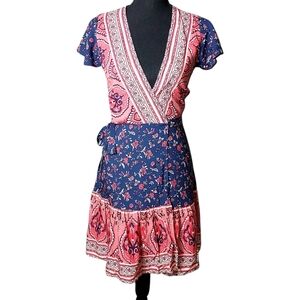 R. Vivimos Women XS Floral Cottagecore Peasant Flutter Sleeve Wrap Dress NWT NEW
